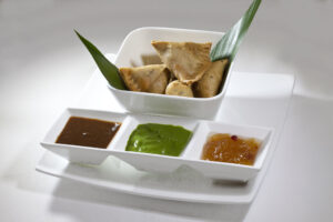 Chicken Samosas in Cumin Scented Pastry, with Mint & Tamarind Chutneys by Executive Chef Ashfer Biji