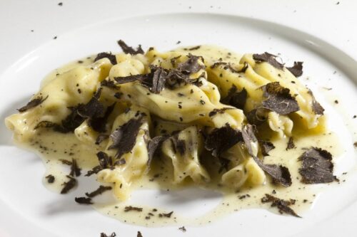 Caramelle (pasta “caramels”) with gorgonzola, ricotta, mascarpone, parmesan with black truffle butter